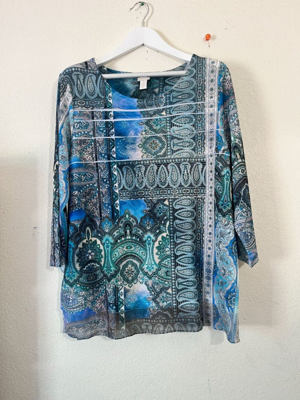 Chico's Womens Paisley Print 3/4 Sleeve Tunic Top Size 3 Multicolor Boho Stretch